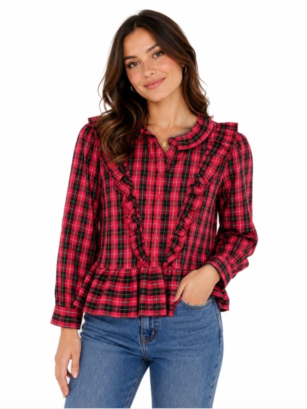 The Shirt by Rochelle Behrens Tartan Plaid Ruffle Preppy Blouse Size Large